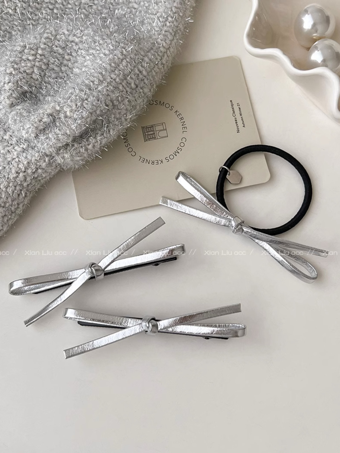 Classic French bright silver bow hair tie ponytail head rope rubber band hair accessories headdress duckbill clip hairpin for women