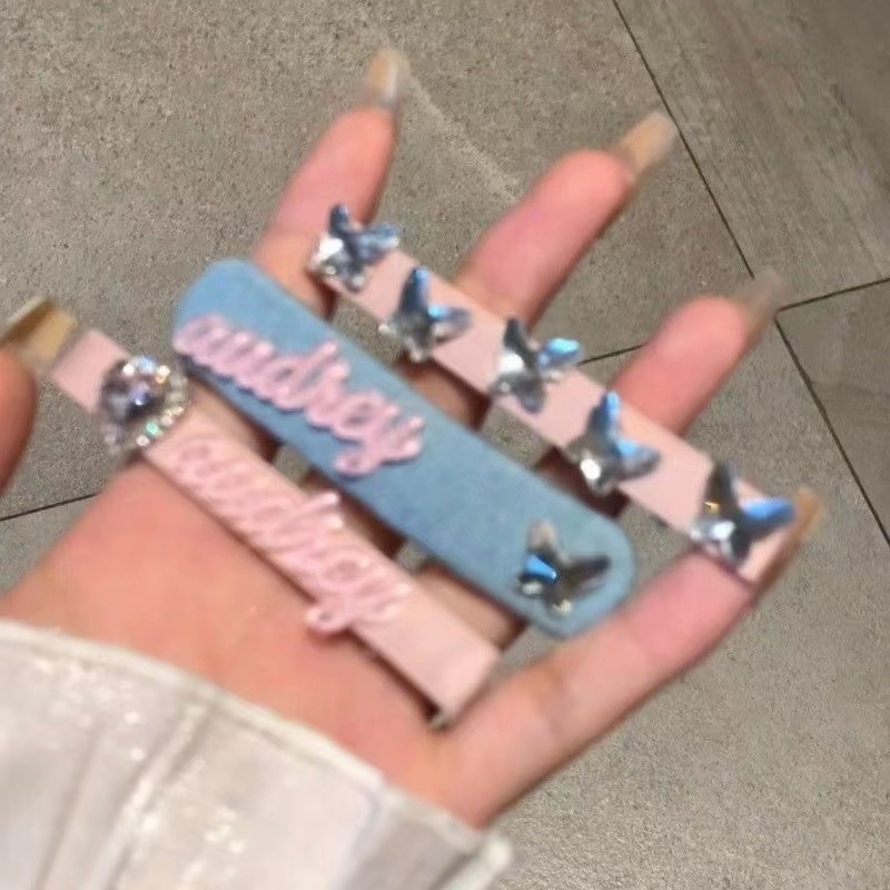 Pink exquisite sparkling rhinestone butterfly hairpin, one-word duckbill clip, bangs clip, blue denim hairpin design
