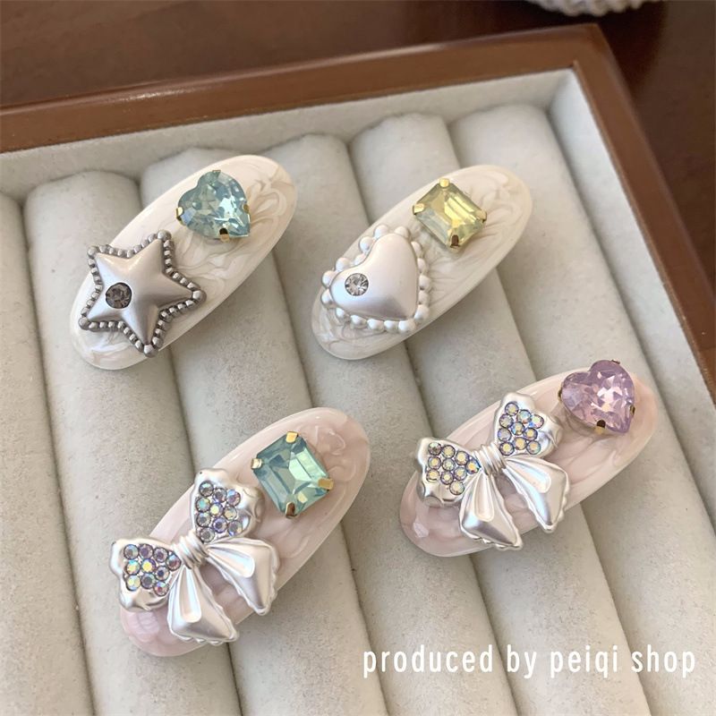 Japanese sweet pink oil dripping micro-glitter hair clip women's exquisite rhinestone bow oval hair clip bangs hair clip hair accessories