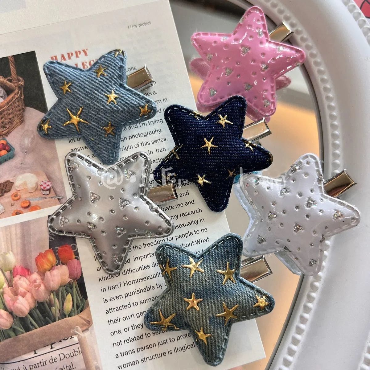 Vitality sweet and cool girl star hairpin niche high-end design denim fabric five-pointed star side clip bangs clip