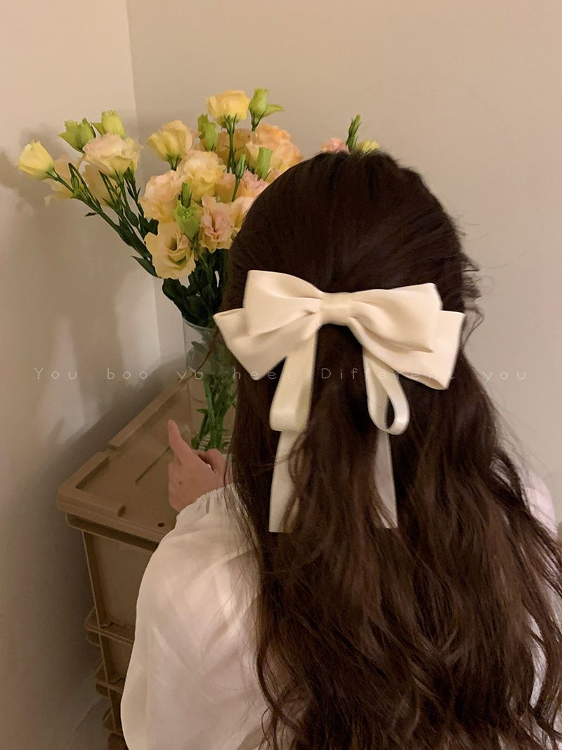 White Ribbon Bow Hairpin Women's High-end Summer Hairpin Super Fairy Headdress Elegant Temperament Back of the Head Hair Accessories