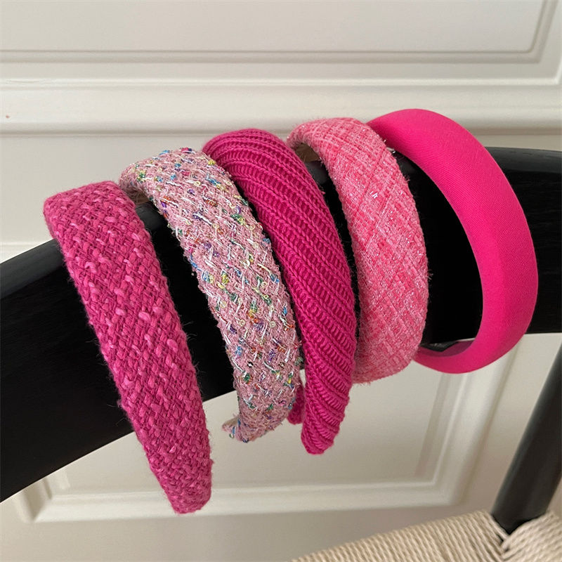 Barbie pink color ~ plaid small fragrant wide hair hoop to increase the height of the skull head hoop pressure hairpin hair accessories headwear new style