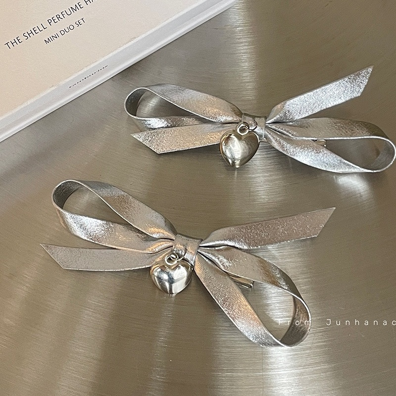 Pendant Love Heart Silver Bow Hairpin Temperament Bright Side Bangs Clip Design Sense Side Clip Hairpin Hair Accessories Female
