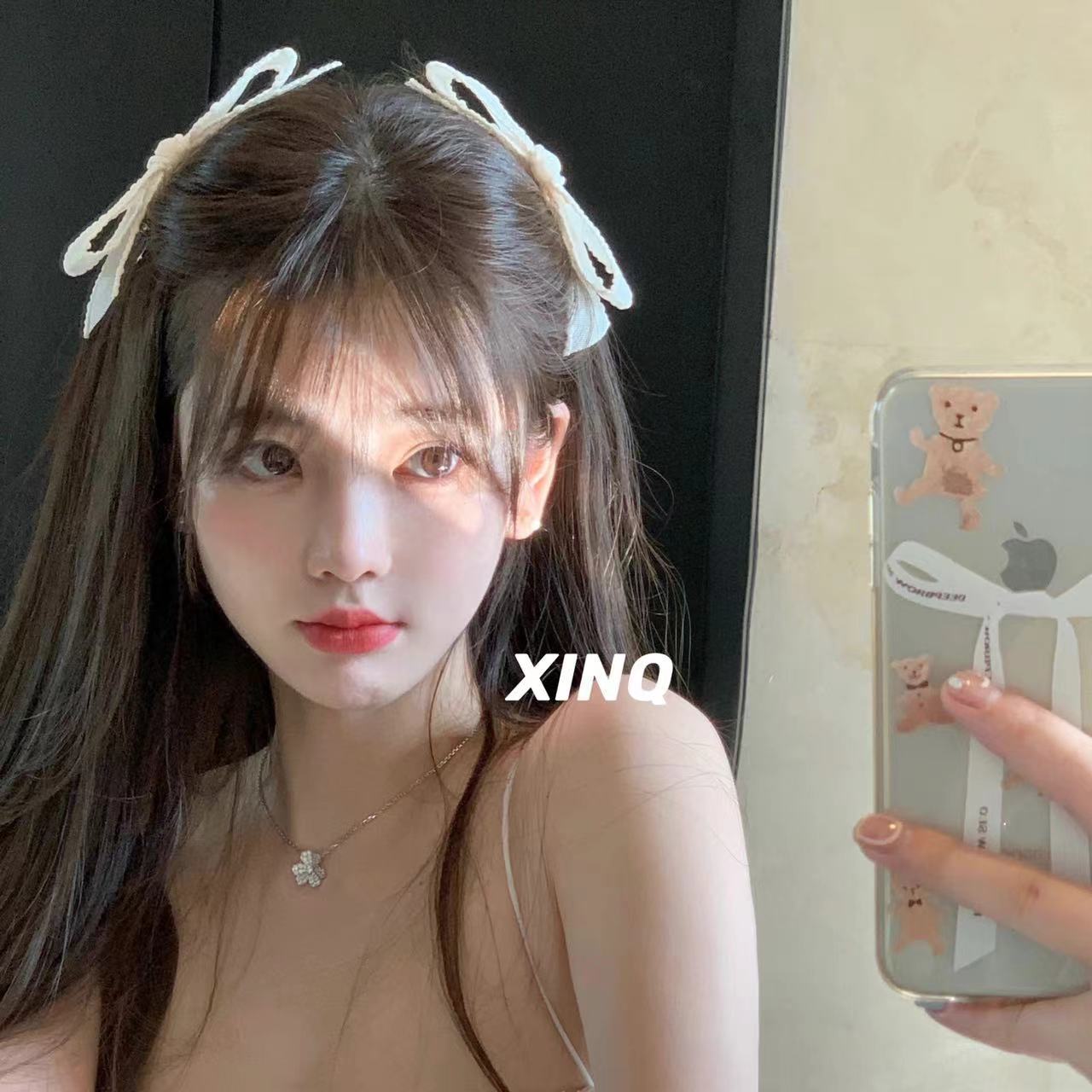 XINQ Pure and Sweet Girl Princess Zhao Lusi Hairpin Organza Qinglong Heart Bow Side Clip Hair Accessories