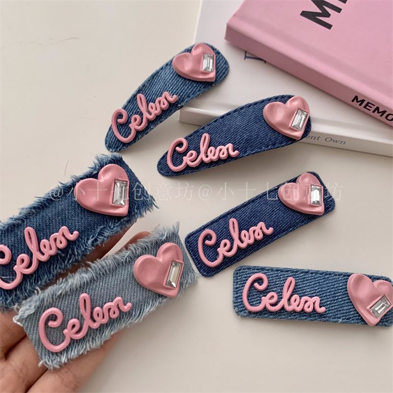 Design sense sweet and cool denim hair clip pink love letter hair card high value bangs side bb clip hair accessories female