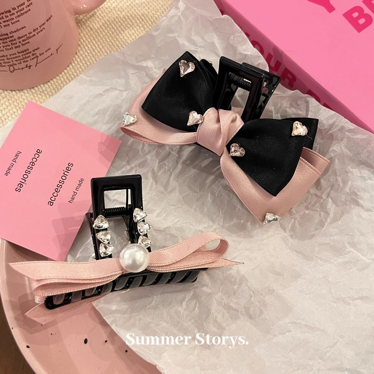 Princess Diary! Pink and black rhinestone bow clip half-tied hair clip shark clip girl hairpin hair accessories