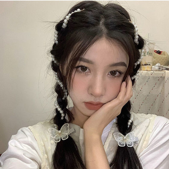 Yang Chaoyue's same style pearl braided hair chain side hair accessories bow hair clip headdress internet celebrity 2021 new style