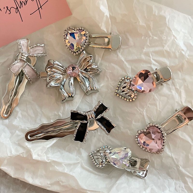 Girly Rhinestone Bow Love Sweet Hairpin Side Bangs Clip Duckbill Clip Metallic Silver Hair Accessory for Women