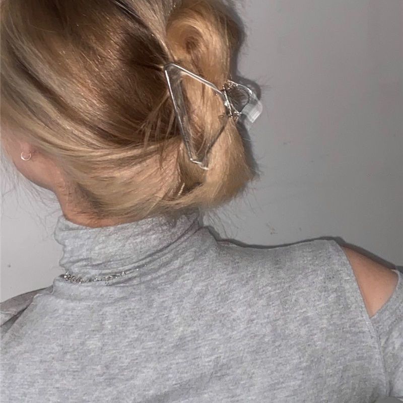 Korean ins same style cool silver gun gray triangular metal hair grabber geometric grabber hair accessory for the back of the head