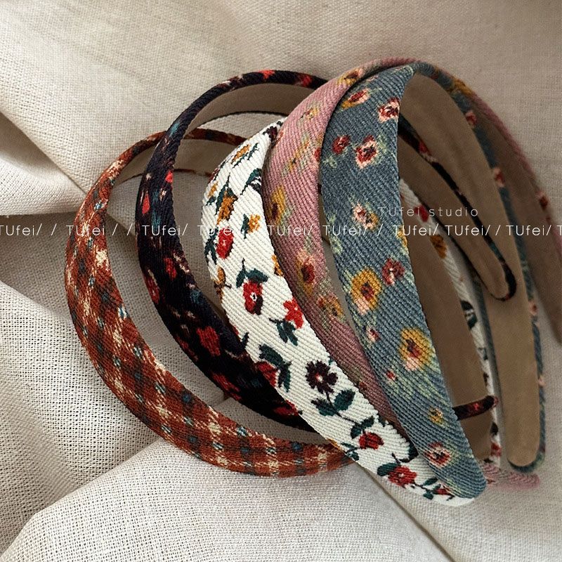 Retro Hong Kong style floral headband versatile going out wide-brimmed headband girl corduroy headband hair accessories headwear for women