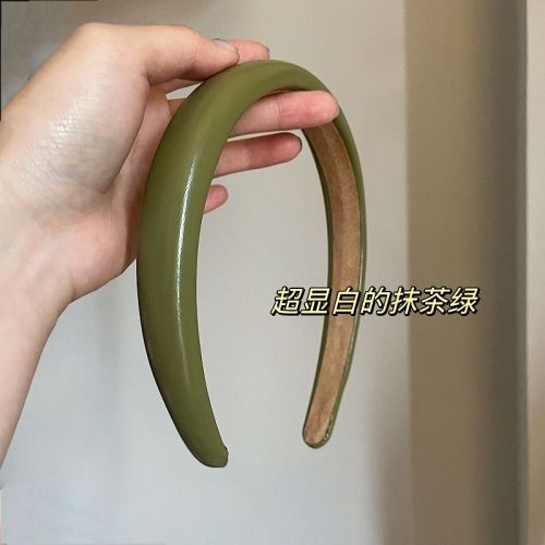 Whitening Matcha Green Lacquer Leather PU Sponge Thin Hair Hoop Korean Elegant Daily Face Showing Small Headband Hair Accessory