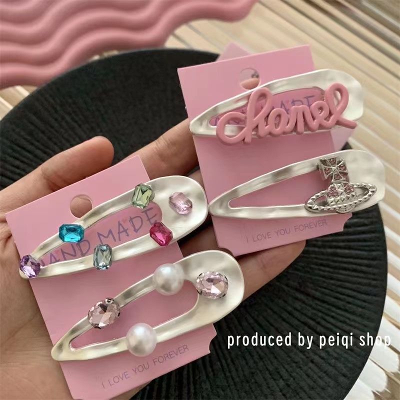 Sweet and cool hot girl pink hairpin color diamond zircon rhinestone bangs clip side clip duckbill clip dopamine hairpin hair accessories