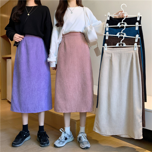 ~Skirt autumn and winter women's high waist A-line bag hip skirt mid-length slit corduroy temperament long skirt