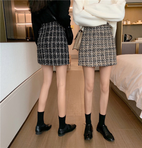 2023 small fragrant wind skirt tweed plaid short skirt women's autumn and winter package hip skirt A-line skirt