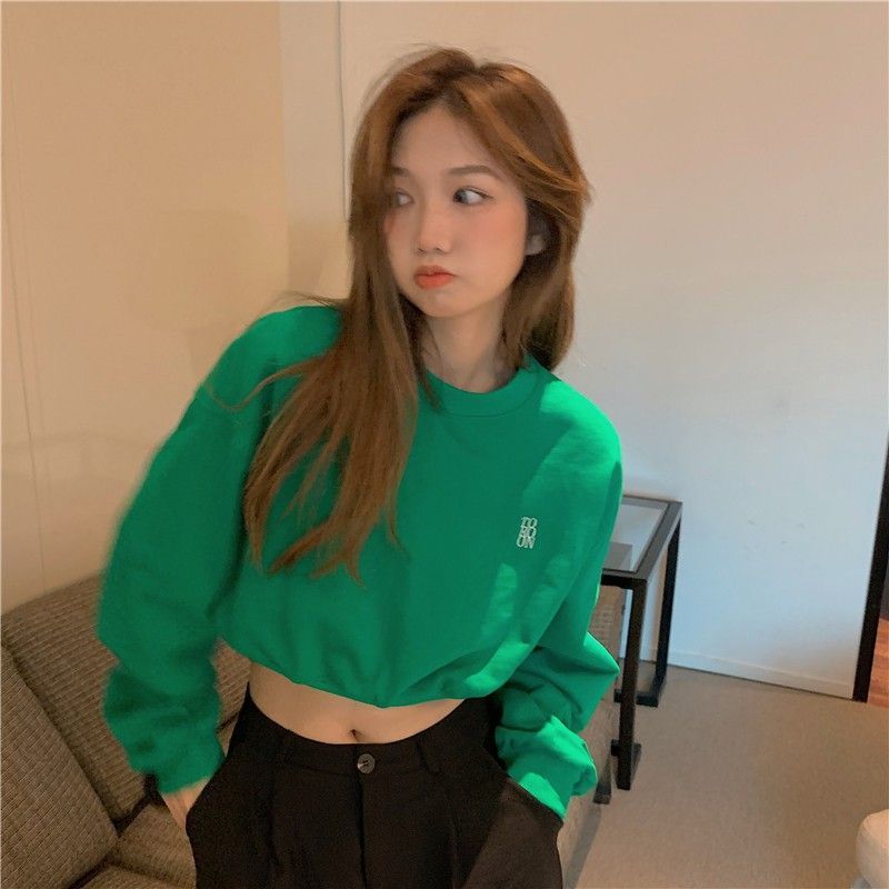Round neck pullover short sweater women's spring and autumn loose all-match jazz dance clothes with navel exposed niche high waist top clothes