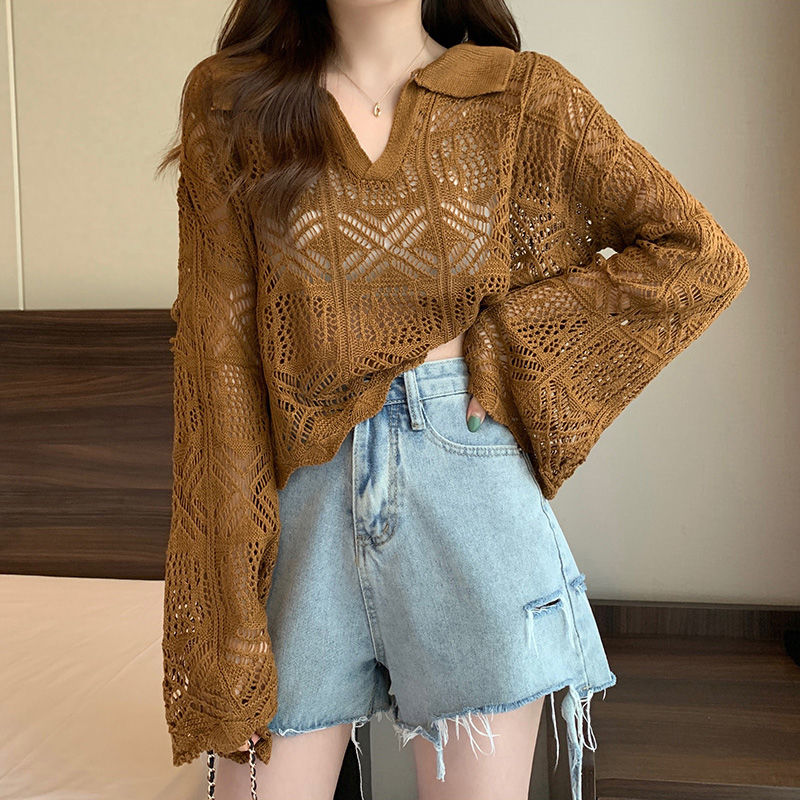 Hollow thin sun protection blouse long-sleeved knitted sweater women's design feeling niche loose outer polo collar short top