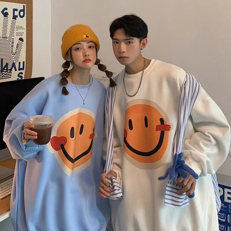 300 jin extra large size French couple outfit autumn and winter new fat mm cartoon smiley face printing plus velvet thick sweater tide