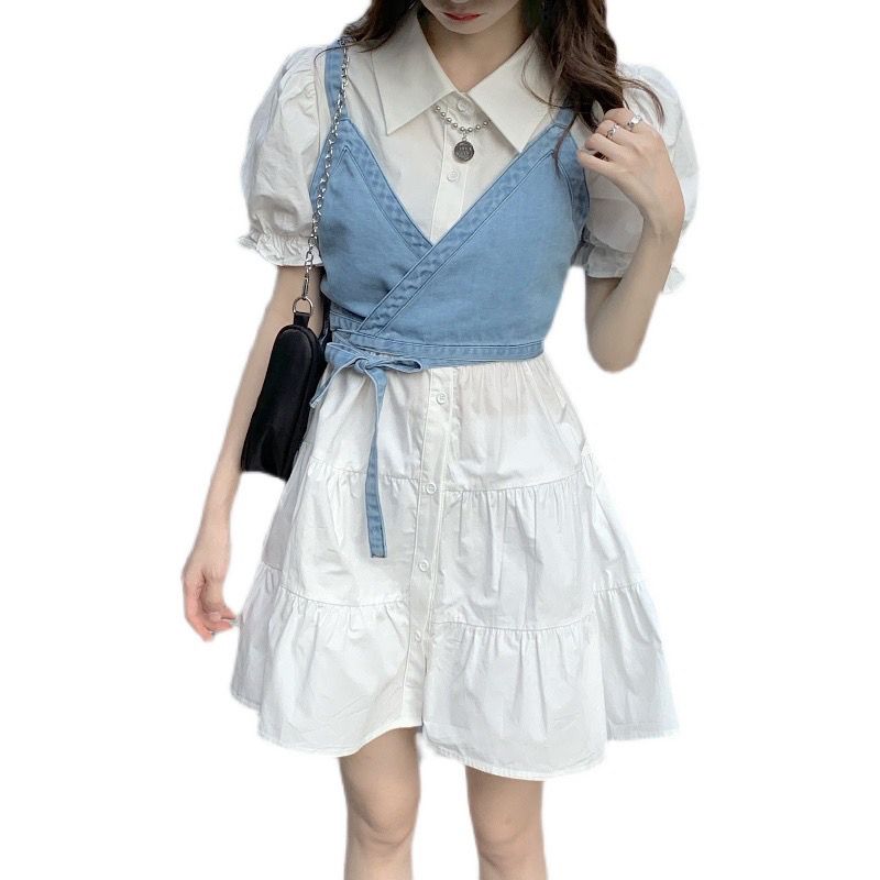 Two-piece set 2022 summer new Korean version of ins puff sleeve shirt dress cowgirl camisole suit