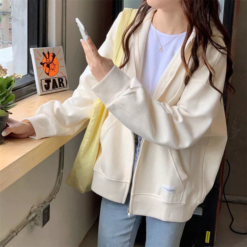 Man Xueyuan pearl cotton spring and autumn thin double-layer hooded sweater women's trendy loose hooded cardigan jacket long-sleeved top