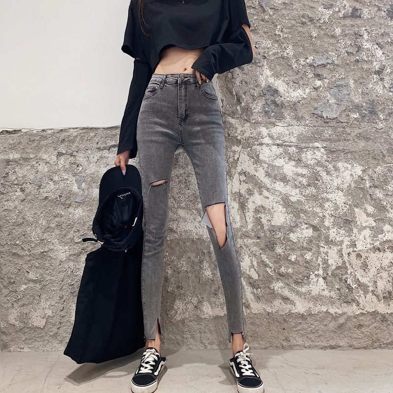 !  Retro Hong Kong style slimming high-waisted jeans chic ripped slit pants