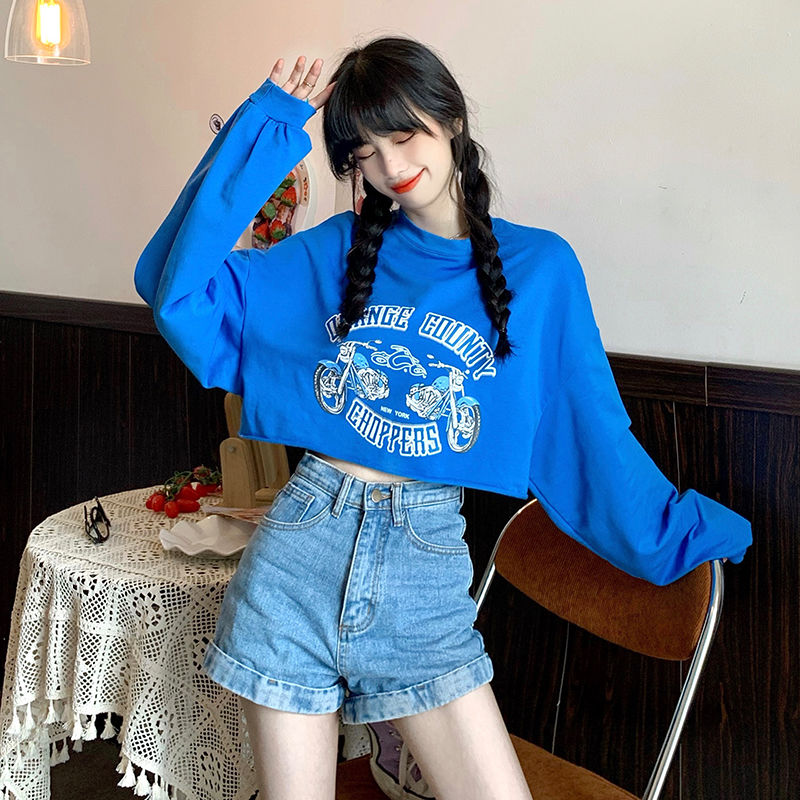 2022 thin super-hot ins blue navel-cut long-sleeved top female net red same style printed short sweater early autumn