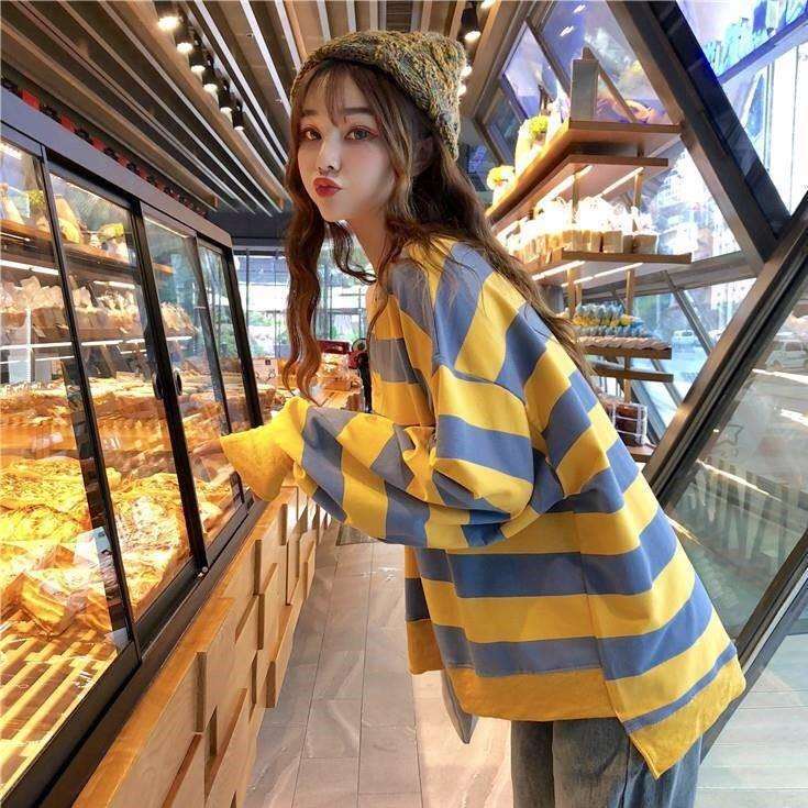 Autumn clothing 300 pounds striped sweatshirt for female students Korean style thin loose Harajuku style pullover long-sleeved lazy 200 top