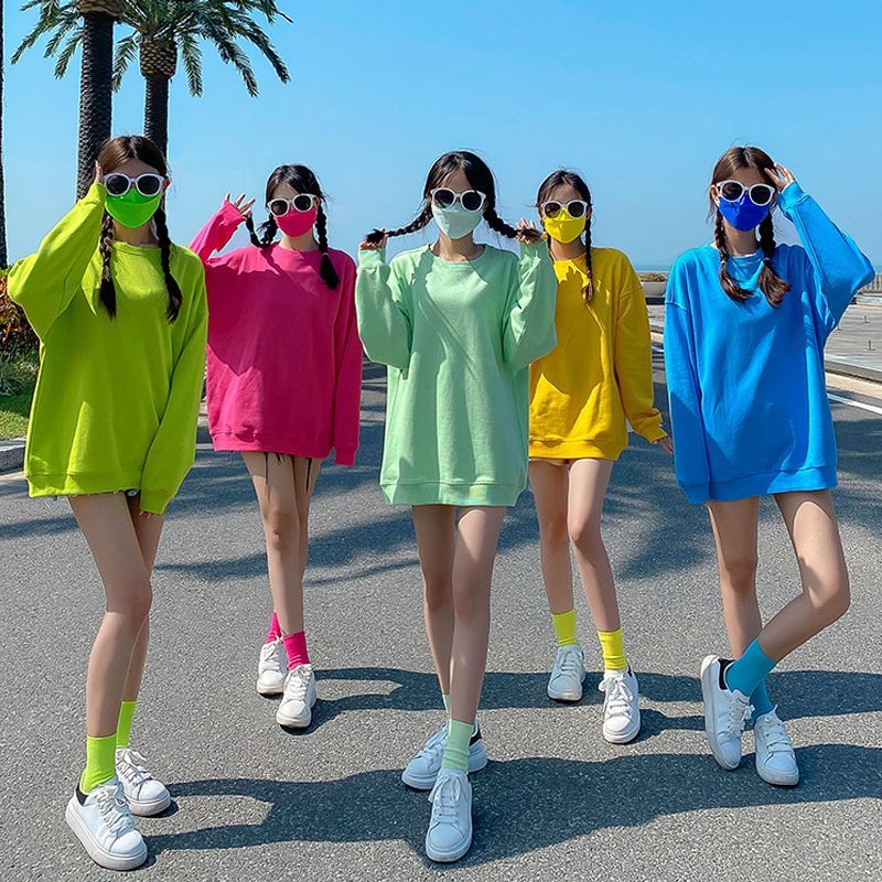 Autumn colorful candy-colored sweatshirt round neck female student outfit bestie outfit loose and versatile pullover long sleeve