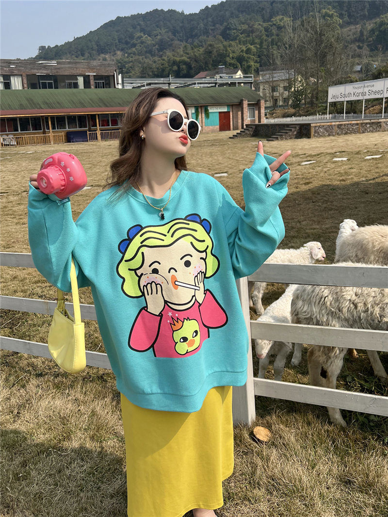 Age reduction 2023 early autumn plus size women's new style fat mm2-300 pounds slimming loose round neck waffle sweatshirt
