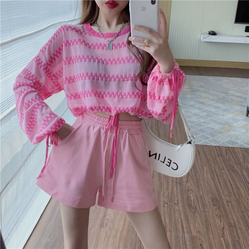 Short tops women's spring thin section loose new long-sleeved blouse straps pink striped ice silk sunscreen t-shirt tide