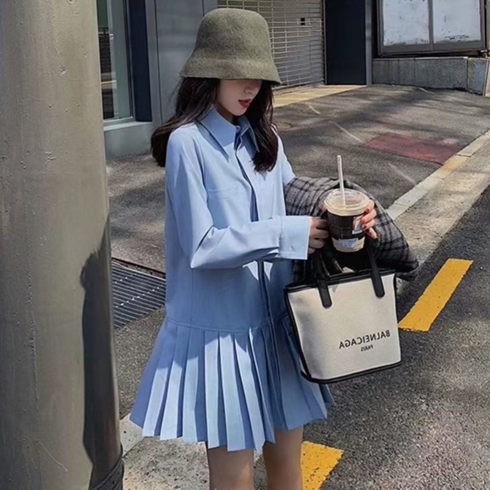 2021 Spring and Autumn Korean Style Super Sweet Small Fresh Style Shirt Collar Short Loose Pleated Dress