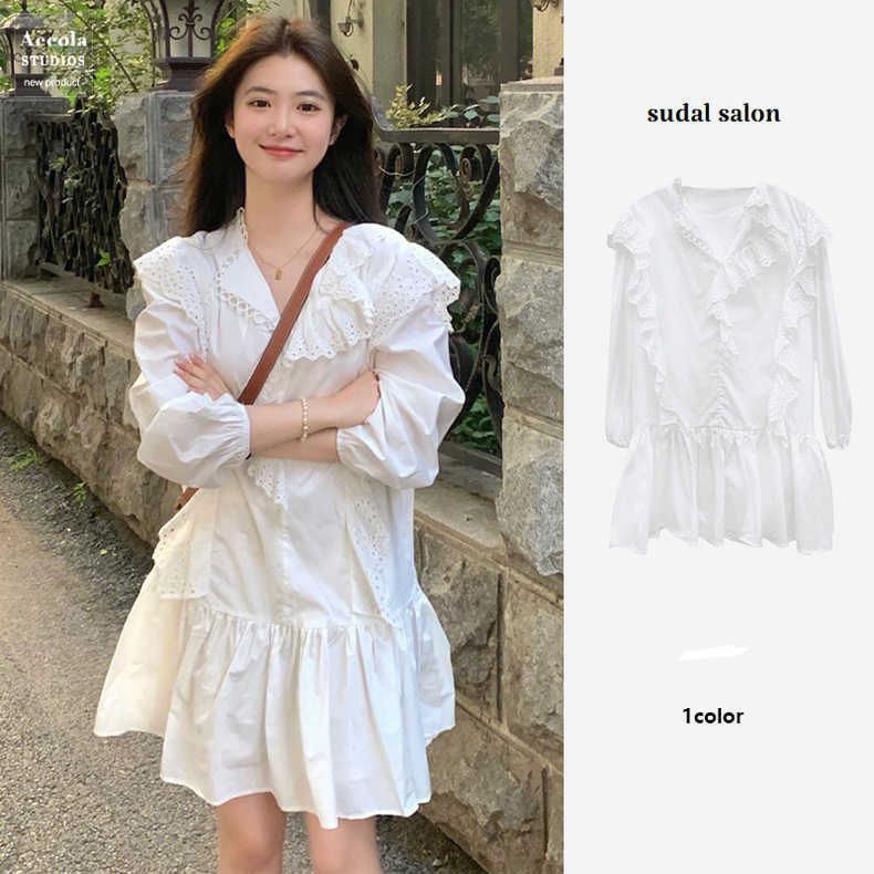 Autumn lapel spliced ​​ruffle long-sleeved dress 2023 new sweet girly high-waisted short skirt ins trend