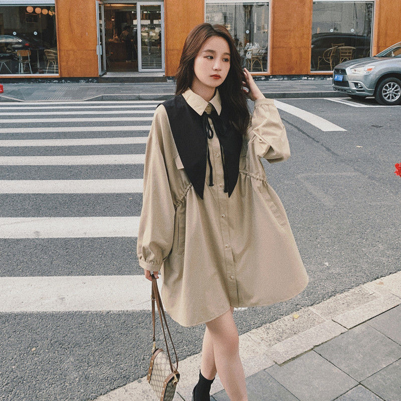 SANDROSRPKY Early Autumn Doll Collar Dress Women's 2022 New French Waist Loose Casual Shirt Skirt