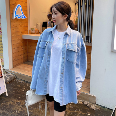 Age-reducing washed double-pocket loose puff long-sleeved denim shirt