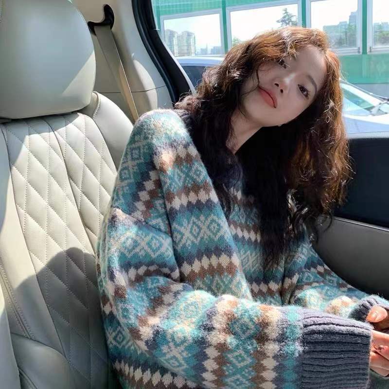 Retro jacquard pullover sweater 2022 autumn and winter new design lazy wind loose thickened sweater top