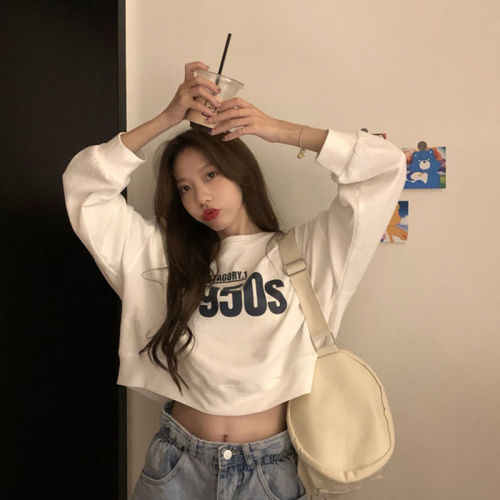 Navel-baring short round-neck sweatshirt for female students Korean style loose thin spring and autumn new college style long-sleeved tops