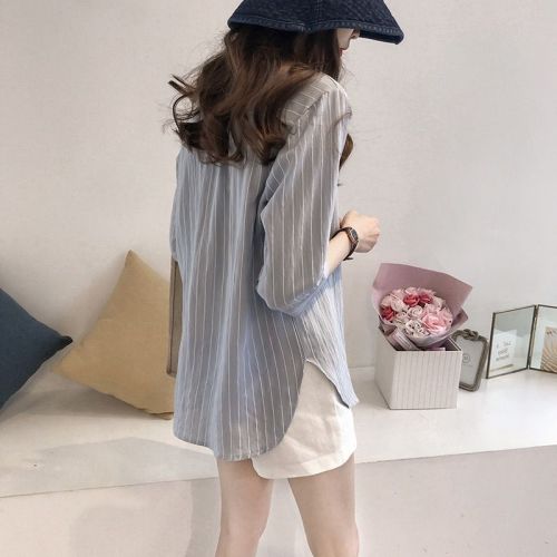 Summer new Korean style fashion large size round neck striped shirt women's three-quarter sleeve top loose casual shirt