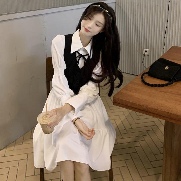 Vest two-piece set, spring and autumn temperament, college style polo collar long-sleeved dress, forest-style first love skirt, fashionable two-piece set