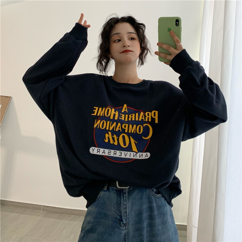 Round neck sweatshirt women's new style velvet thickened pullover women's Korean style loose printed hooded long-sleeved top women's autumn