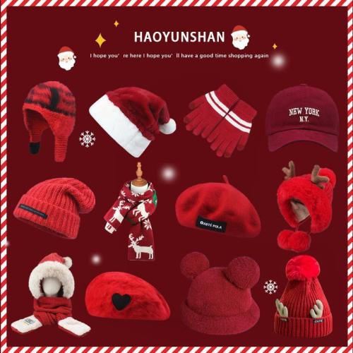 Christmas gifts: some festive red hats, scarves, gloves, autumn and winter warm ear protection, woolen hats, berets