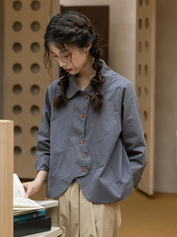 Japanese brushed loose slim design shirt tops for women 2023 early autumn Polo collar long-sleeved cardigan shirt