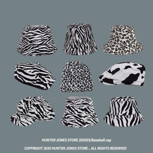 Zebra print leopard print hat collection ~ internet celebrity summer ins face-showing little fisherman hat beret octagonal hat for women autumn and winter