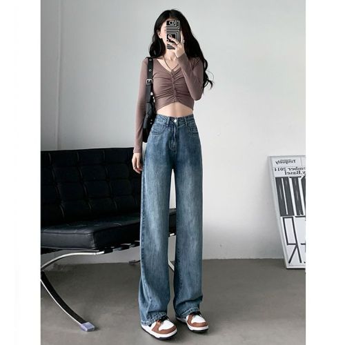 Hong Kong style retro distressed wide-leg jeans for women in spring and autumn new style hot girls high-waisted loose slimming straight pants