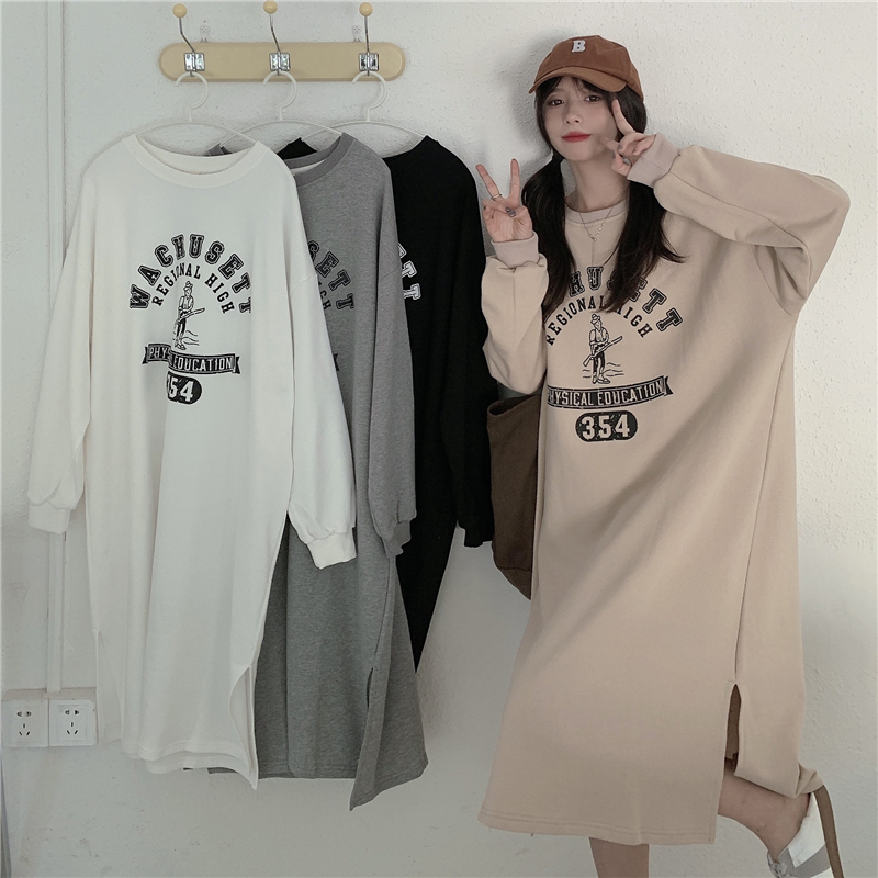 6535 Fish Scale 2023 Spring and Autumn New Round Neck Mid-Length Dress Loose Long Sleeve Guard