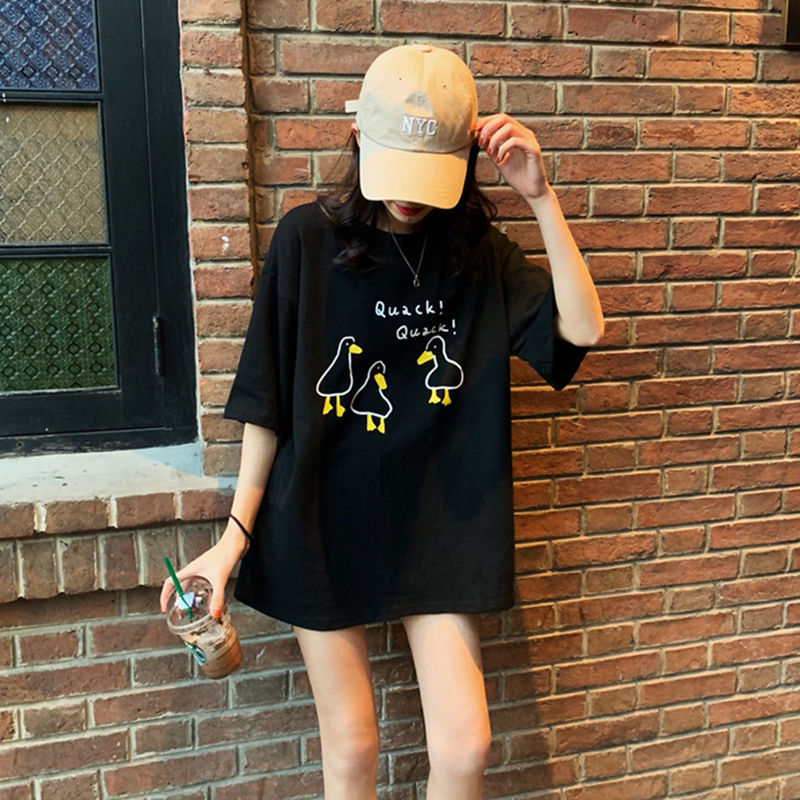 Internet celebrity Hong Kong style short-sleeved T-shirt for women ins super popular loose Korean version mid-length Harajuku bf lazy style chic top trendy