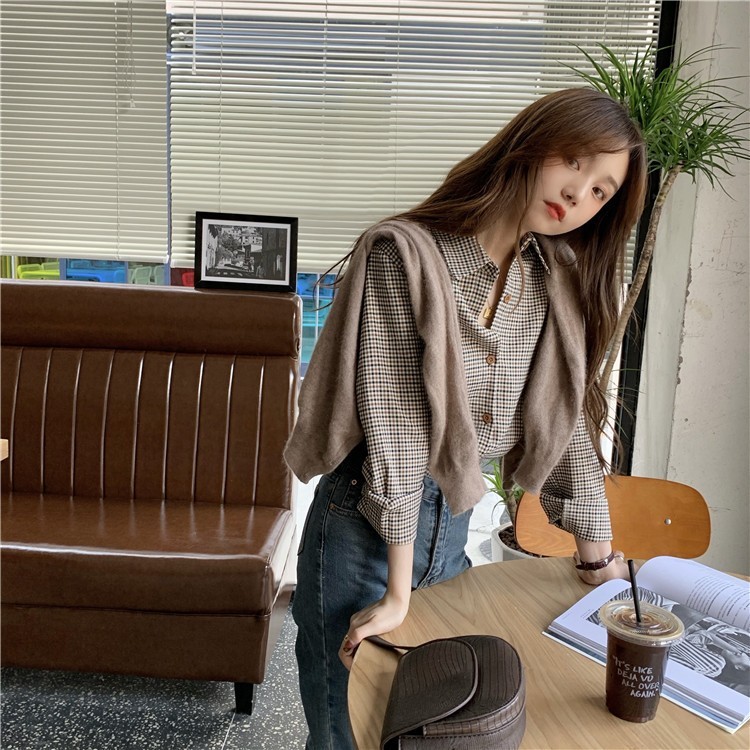 French plaid polo collar long-sleeved shirt for women spring 2023 new Korean style loose, slim and versatile top trend