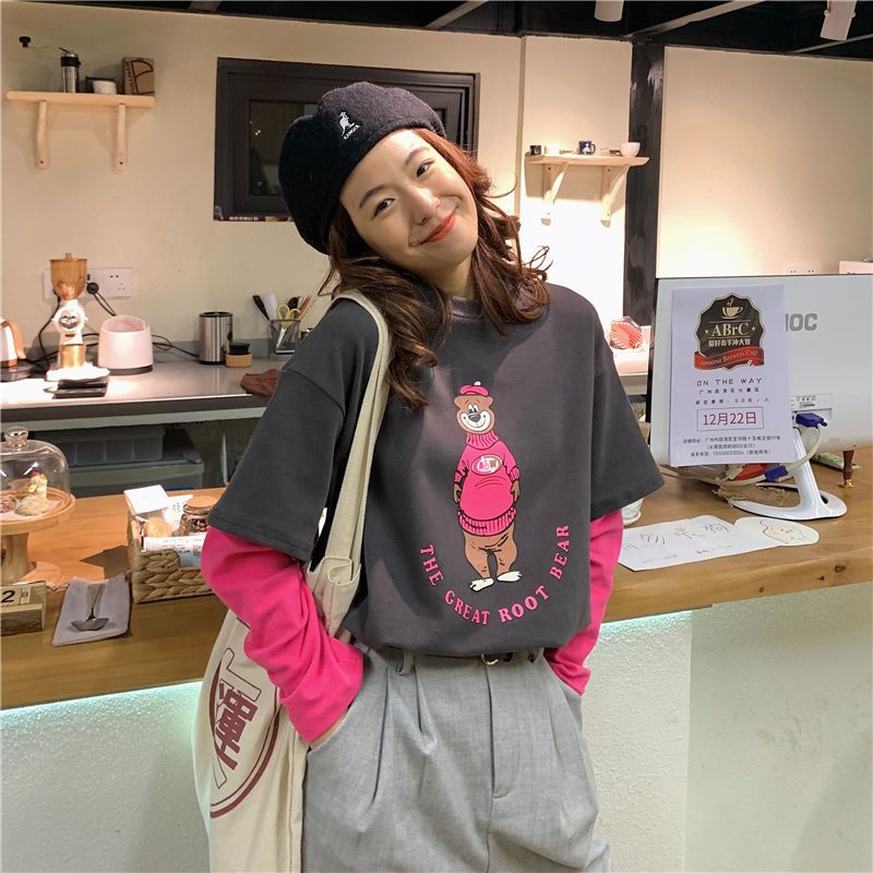 Fake two-piece early autumn clothing 2021 new Korean style fashionable and loose Hong Kong style long-sleeved women's T-shirt tops