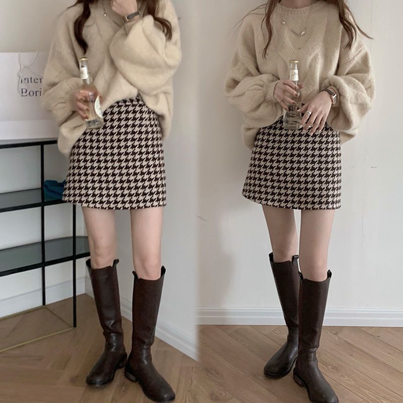 Autumn and winter new style small high-waisted plaid A-line short skirt slimming versatile hip-covering woolen skirt for women