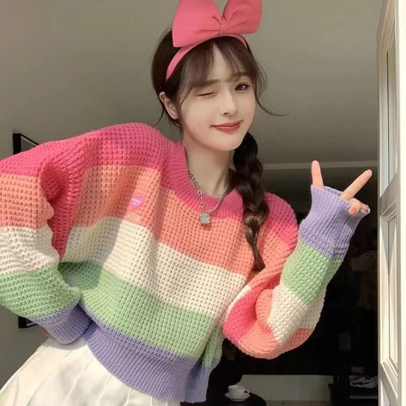 Candy color design contrasting long-sleeved pullover sweater for women new niche sweet and spicy slim short woolen sweater
