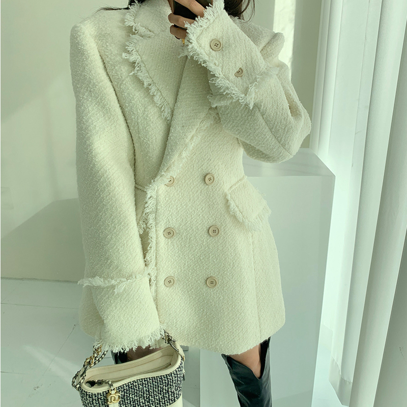 Original slimming vintage tweed double-breasted raw edge blazer