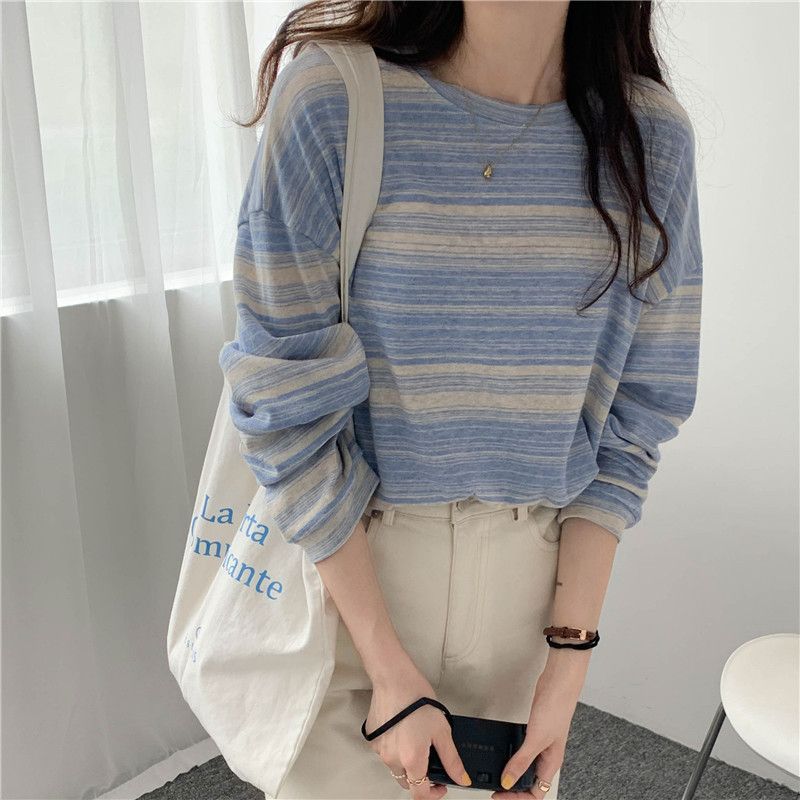 Design colorful striped t-shirt women's autumn and winter niche sweatshirt 2023 women's cross-border supply loose bottoming shirt for women